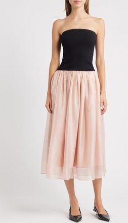 Moon River Strapless Mixed Media Midi Dress in Black/Pink at Nordstrom Rack, Size Small