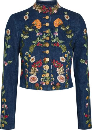 Alice & Olivia Emerson Floral-embroidered Stretch-denim Jacket - Blue - M (UK12 / M)