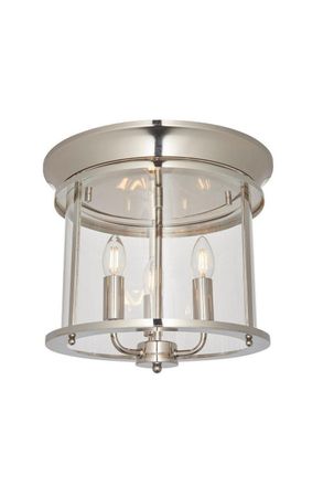 Netlighting Hampworth Round Ceiling 3 Candle Lantern Bright Nickel Clear Glass Shade in Grey