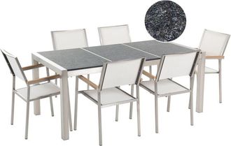 Beliani 6 Seater Garden Dining Set Triple Black Flamed Granite Top White Chairs Grosseto