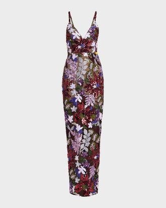 Bronx and Banco Allegra Sequin Floral-Embroidered Column Gown