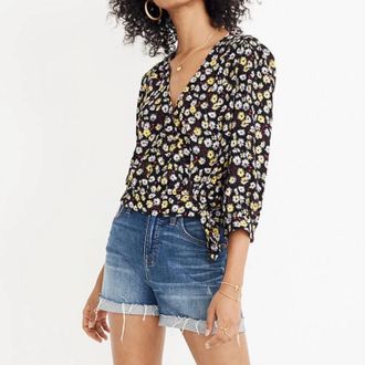 Madewell French Dark Floral Wrap Blouse In Black