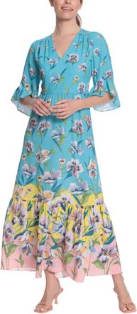 London Times 3/4 Sleeve Floral Print Maxi Dress In Aqua Yellow
