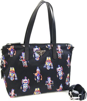 Prada Black Nylon Leather Shoulder Bag Tote Bag (Pre-Owned)