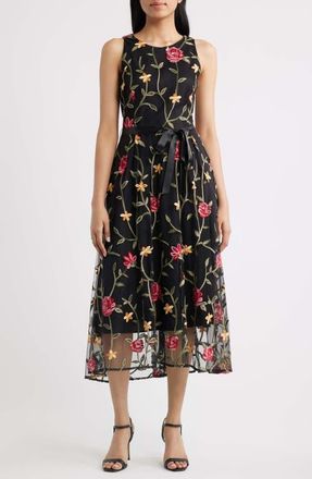 Tahari by ASL Floral Embroidered Sleeveless Midi Dress in Black Multi at Nordstrom, Size 16