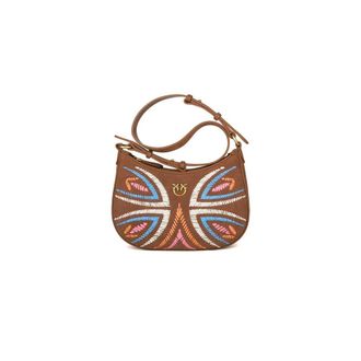 Pinko Half Moon Mini Fl Suede + Ricamo Rafia - female - PINKO - Shoulder Bags - Brown - ONE SIZE - Bags