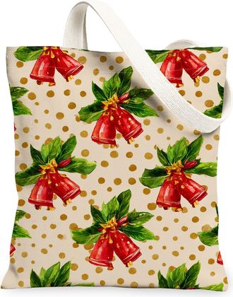 Generic Holiday Canvas Tote Bags, Festive Bell Pattern Reusable Shopping Bags, Merry Seasonal Lightweight Washable Shoulder Strap Canvas for Gifts Outdoor Tra