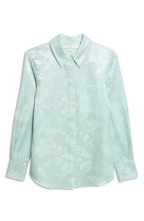 Jason Wu Floral Wool & Silk Satin Jacquard Button-Up Shirt in Light Aqua at Nordstrom, Size 10