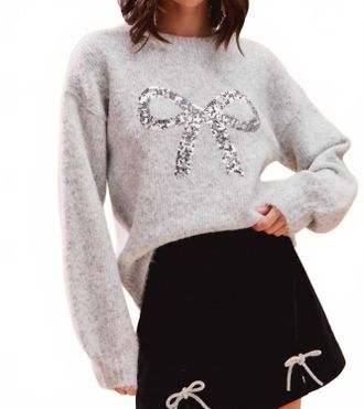 So Me Brent Bow Sequin Holiday Sweater Top In Heather Grey