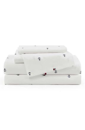 Tommy Hilfiger Anchor & Flag Cotton Percale Sheet Set in White/Dark Blue at Nordstrom, Size Queen