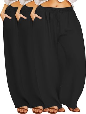 Generic Plus Size Womens High Waisted Wide Leg Yoga Pants with Pockets - 3 Pack Soft Stretch Lounge Workout Pants for Casual, Travel & Active Wear (UK, Alpha,