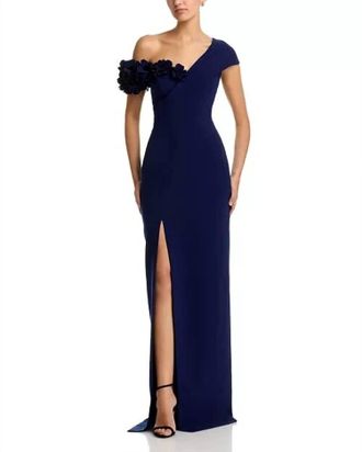 Teri Jon Stretch Crepe 3D Flower Asymmetric Neck Gown In Blue