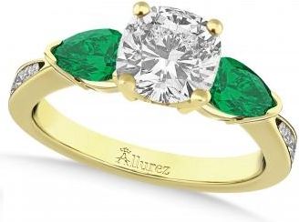 Allurez Cushion Diamond & Pear Green Emerald Engagement Ring 14k Yellow Gold (1.29ct)