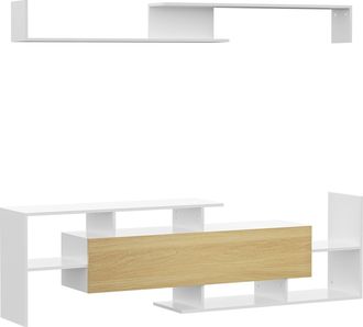 HOMCOM TV Cabinet Unit w/ Wall-Mounted Shelf - Open Shelves White and Natural | TJ Hughes