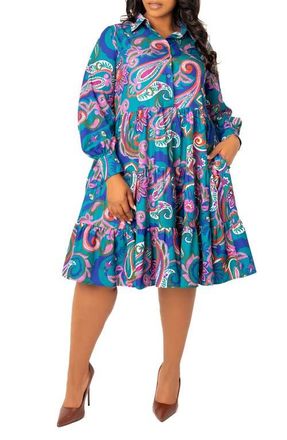 Buxom Couture Floral Long Sleeve Shirtdress in Teal Multi at Nordstrom, Size 3 X