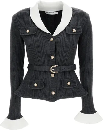 Self Portrait Grey/White Ribbed Knit Belted Cardigan
