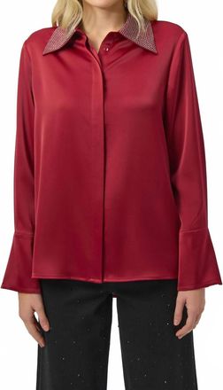Joseph Ribkoff Satin Button Front Blouse With Embellished Collar In Deep Cherry