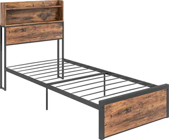 HOMCOM Industrial Single Bed Frame - 3.1FT Steel Bed Base with Storage Headboard - Footboard - Slatted Support and Under Bed Storage - 95 x 209cm - Ru