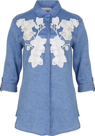 Anne Fontaine Womens Shirt Citron Blue Linen Shirt With White Floral Applique in Denim Blue at Nordstrom, Size 38