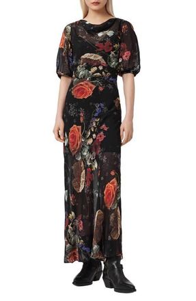 AllSaints Tiwa Floral Puff Sleeve Maxi Dress in Haze Black at Nordstrom, Size 6 Us