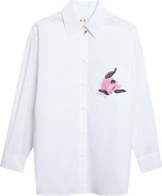 Marni Floral Print Pocket Cotton Button-Up Shirt in 00W01 Lily White at Nordstrom, Size 4 Us