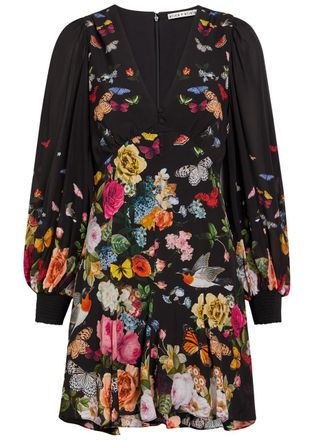 Alice & Olivia Irene Empire Waist Printed Woven Mini Dress - Black - 10 (UK14 / L)