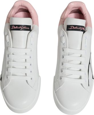 Dolce & Gabbana Womens White Pink Portofino Low Top Sneakers Shoes Calf Leather