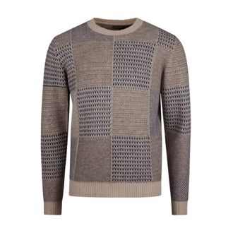 Stenströms Round-neck Knitwear, male, Beige, XL, Checked Crew Neck Wool Jumper