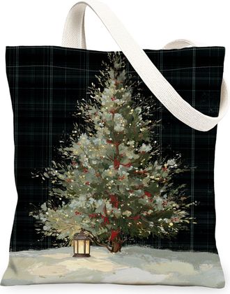 Generic Christmas Tree Canvas Tote Bags, Rustic Winter Design Reusable Grocery Bags, Vintage Lightweight Washable Shoulder Strap Canvas for Outdoor Travel Bea