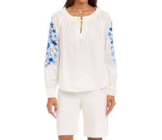 Karen Kane Embroidered Blouson Sleeve Tie-Neck Peasant Top In Off White