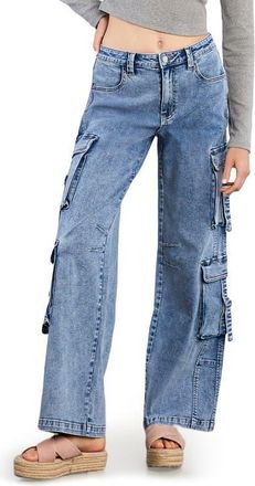 Wash Lab Denim High Waist Straight Leg Cargo Jeans in Faded Blu Denim at Nordstrom, Size 34