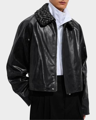 Bottega Veneta Men & apos;s Intrecciato-Collar Leather Jacket