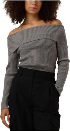 Minus Fame Off Shoulder Knit Pullover - Dames - Ronde hals truien - Grijs - 2XL - Wol - Truien & Vesten