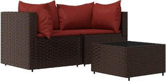 vidaXL Set Muebles De Jard&iacute;n 3 Piezas Y Cojines Rat&aacute;n Sint&eacute;tico Marr&oacute;n Vidaxl