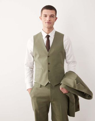 Asos Gilet da abito in misto lino verde oliva