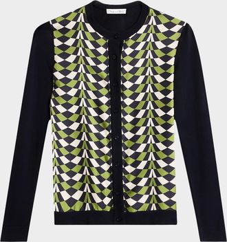 Oscar De La Renta Geo-Print Silk Insert Crewneck Cardigan