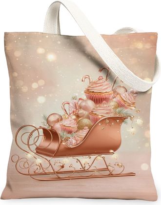 Generic Christmas Sleigh Canvas Tote Bags, Cupcake Design Reusable Grocery Bags, Winter Elegant Lightweight Washable Shoulder Strap Canvas 13x15 Inch