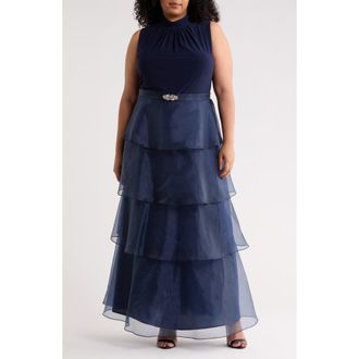 Jessica Howard Mixed Media Tiered Organza Gown in Navy at Nordstrom, Size 18W