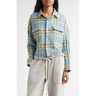 R13 Plaid Fray Hem Crop Button-Up Work Shirt in Light Blue Plaid at Nordstrom, Size X-Small