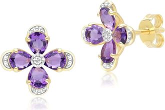 Gemondo Floral Amethyst & Diamond Stud Earrings in 9ct Yellow Gold