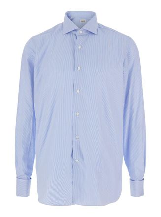 Alessandro Gherardi Light Blue Shirt With Classic Collar And All-Over Striped Motif In Cotton Man