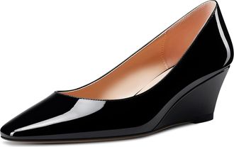 Castamere Women Chunky Block Mid Wedge Heel Square Toe Slip-on Pumps Court Shoe Classic Cute Wedding Dress Shoes Black 6.5 UK