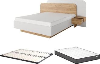 Vente-Unique Letto con comodini 160 x 200 cm Con LED Naturale e Bianco + Rete a doghe + Materasso - DESADO
