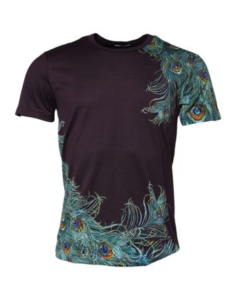 Dolce & Gabbana Violet Peacock Feather Men Crew Neck Mens T-Shirt