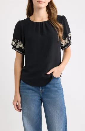 Bobeau Embroidered Sleeve Peasant Top in Black/cream at Nordstrom, Size X-Large