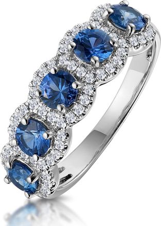 The Diamond Store Sapphire and Diamond Halo 5 Stone Asteria Ring in 18K White Gold