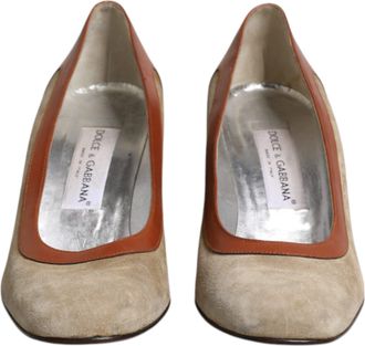 Dolce & Gabbana Beige Brown Leather Block Heels Pumps Womens Shoes (Pre-Owned)