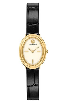 Tory Burch The Oval Leather Strap Watch, 22mm x 28mm in Black/Gold at Nordstrom