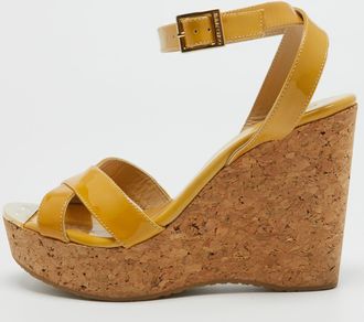Jimmy Choo London Yellow Patent Leather Cork Wedge Ankle Strap Sandals