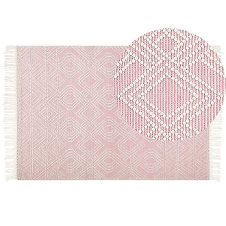 Beliani Alfombra De Lana Rosa Pastel Blanco 160 X 230 Cm Poli&eacute;ster Geom&eacute;trico Borlas Adana